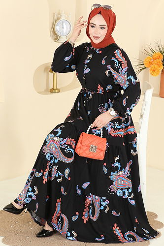 moda selvim Dress 7155ERK1158 Orange & Black - Thumbnail