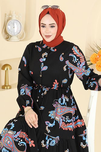 moda selvim الفستان برتقالي وأسود 7155ERK1158 - Thumbnail