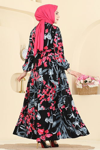 moda selvim Dress 7156ERK1158 Fuchsia & Black - Thumbnail