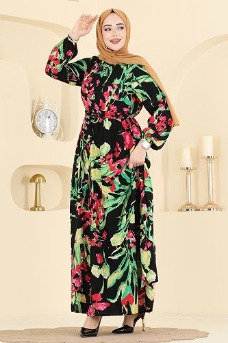 moda selvim Dress 7156ERK1158 Green & Black - Thumbnail