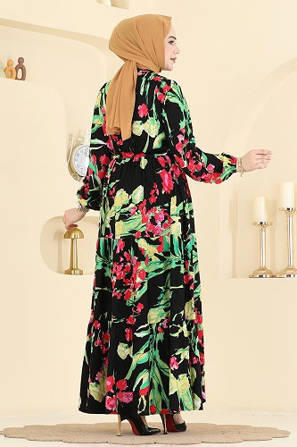 moda selvim الفستان أخضرو اسود 7156ERK1158 - Thumbnail