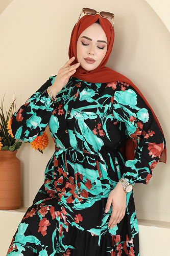 moda selvim Dress 7156ERK1158 Turquoise & Black - Thumbnail