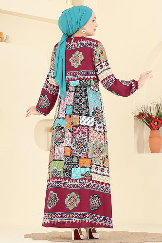 moda selvim Dress 7165BG354 Burgundy - Thumbnail