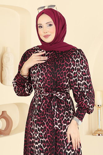 moda selvim Dress 7169ERK1158 Burgundy - Thumbnail