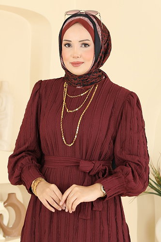 moda selvim Dress 7172ERK1158 Burgundy - Thumbnail