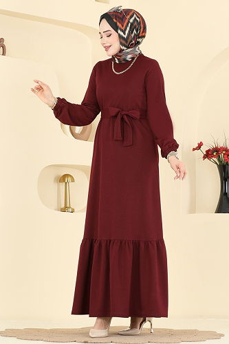 moda selvim Dress 718PM271 Burgundy - Thumbnail