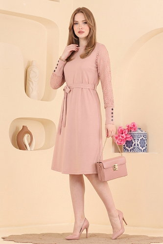 moda selvim الفستان بيج وردي 72493JNT1202 - Thumbnail