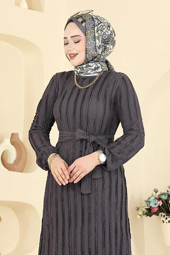 moda selvim الفستان رمادي غامق 726PM271 - Thumbnail