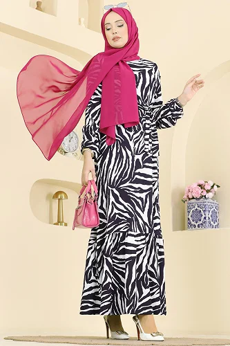 moda selvim Dress 731PM271 Navy Blue&Ecru - Thumbnail