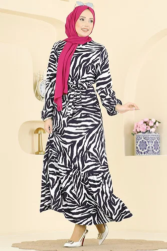 moda selvim Dress 731PM271 Navy Blue&Ecru - Thumbnail