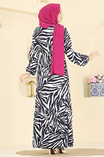 moda selvim Dress 731PM271 Navy Blue&Ecru - Thumbnail