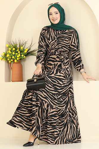 moda selvim الفستان بيج وأسود 731PM271 - Thumbnail