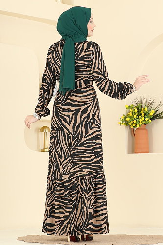 moda selvim الفستان بيج وأسود 731PM271 - Thumbnail