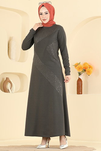 moda selvim الفستان رمادي غامق 735PM271 - Thumbnail