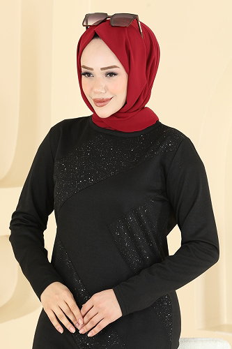 moda selvim الفستان أسود 735PM271 - Thumbnail