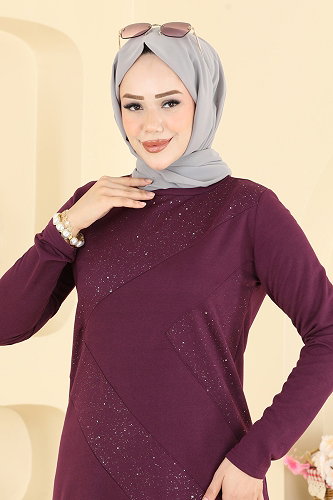 moda selvim Dress 735PM271 Damson - Thumbnail