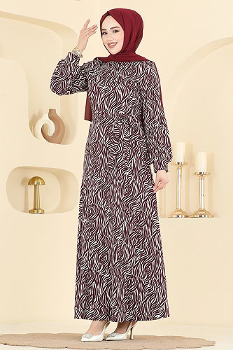 moda selvim Dress 7575ERK1158 Pattern 2 Burgundy - Thumbnail