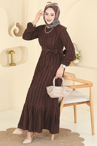 moda selvim الفستان بني 757OZN1046 - Thumbnail