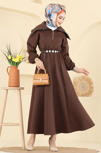 moda selvim الفستان بني 8008TEG847 - Thumbnail