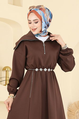 moda selvim الفستان بني 8008TEG847 - Thumbnail