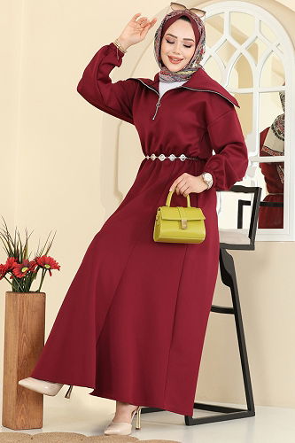 moda selvim الفستان خمري 8008TEG847 - Thumbnail