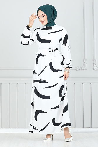 moda selvim Dress 800OZR1047-M Ecru - Thumbnail