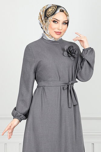 moda selvim الفستان رمادي غامق 801OZR1047-M - Thumbnail