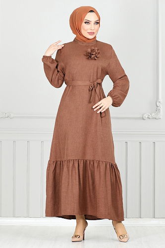 moda selvim الفستان بني فاتح 801OZR1047-M - Thumbnail