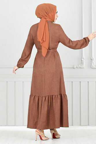 moda selvim الفستان بني فاتح 801OZR1047-M - Thumbnail