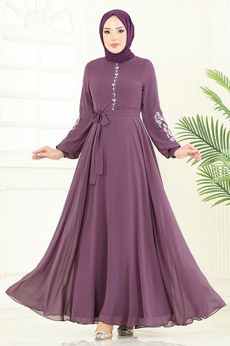 moda selvim Dress 8022AB368 Dark Lilac - Thumbnail