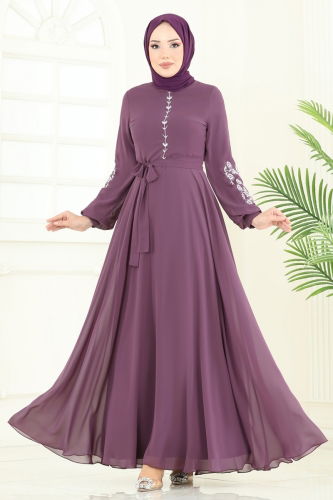 moda selvim الفستان ليلكي غامق 8022AB368 - Thumbnail