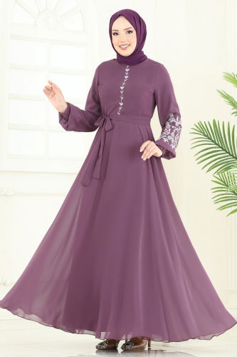 moda selvim الفستان ليلكي غامق 8022AB368 - Thumbnail