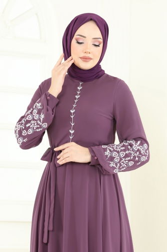 moda selvim الفستان ليلكي غامق 8022AB368 - Thumbnail