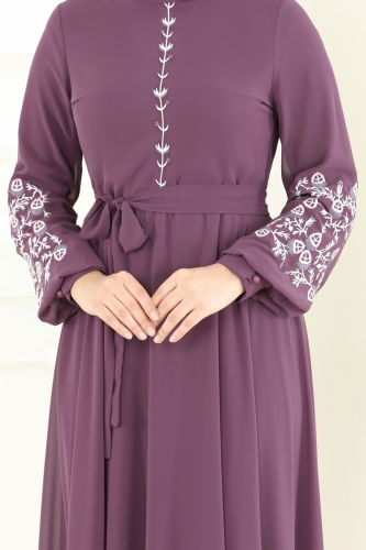 moda selvim الفستان ليلكي غامق 8022AB368 - Thumbnail