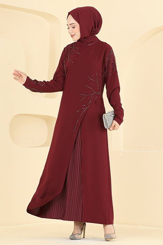 moda selvim Dress 8063AB368 Burgundy - Thumbnail
