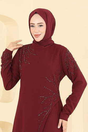 moda selvim Dress 8063AB368 Burgundy - Thumbnail