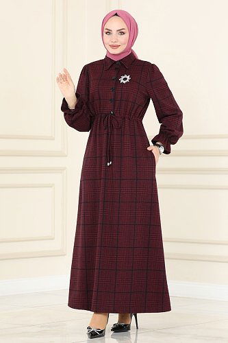 moda selvim 8076UKB139 الخمري فستان - Thumbnail