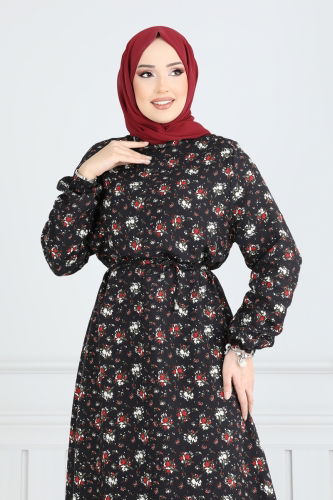 moda selvim الفستان أحمر و أسود 807OZN1046 - Thumbnail