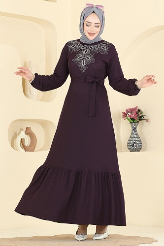 moda selvim Dress 810PM271 Damson - Thumbnail