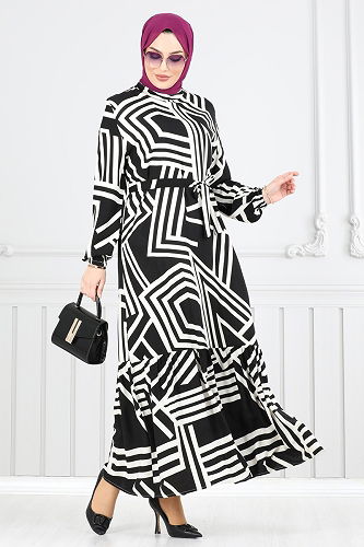 moda selvim الفستان بيج وأسود 811OZN1046 - Thumbnail