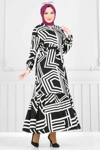 moda selvim الفستان بيج وأسود 811OZN1046 - Thumbnail
