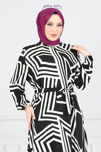 moda selvim الفستان بيج وأسود 811OZN1046 - Thumbnail