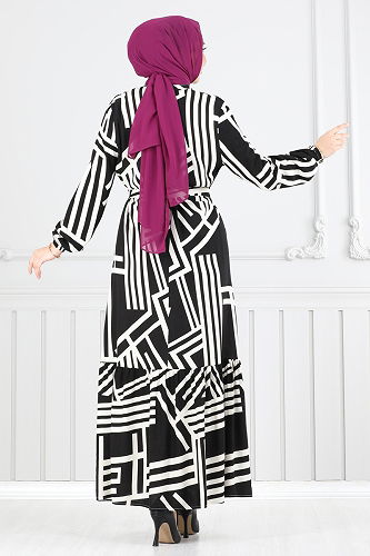 moda selvim الفستان بيج وأسود 811OZN1046 - Thumbnail