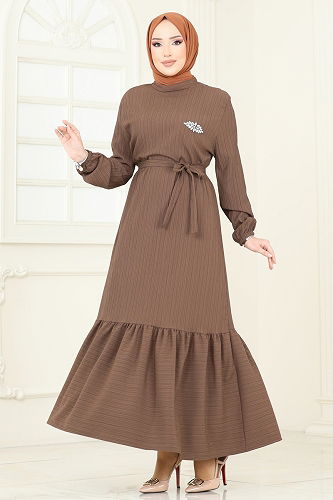 moda selvim الفستان بني 813OZN1046 - Thumbnail
