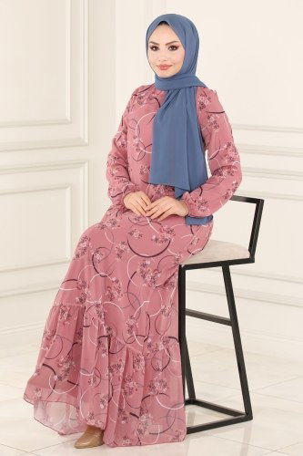moda selvim 81817BRNKO395 الزهري فستان - Thumbnail