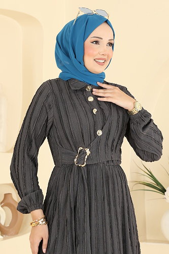 moda selvim الفستان رمادي غامق 820PM271 - Thumbnail