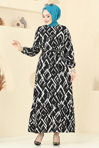 moda selvim Dress 821OZN1046 Stone & Black - Thumbnail