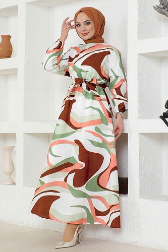 moda selvim Dress 8234BRZ597 Brown&Salmon - Thumbnail