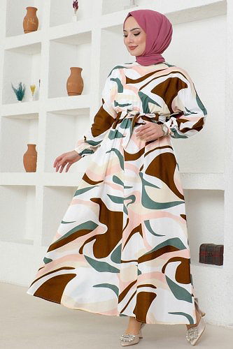 moda selvim Dress 8234BRZ597 Mint&Brown - Thumbnail