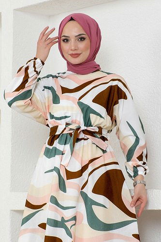 moda selvim 8234BRZ597 أخضر باهت و بني فستان - Thumbnail